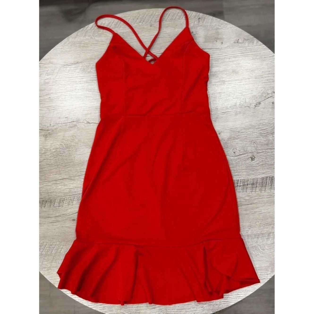 Red Lace Up Back Bodycon Ruffle Hem Spaghetti Strap Mini Cocktail Date Night