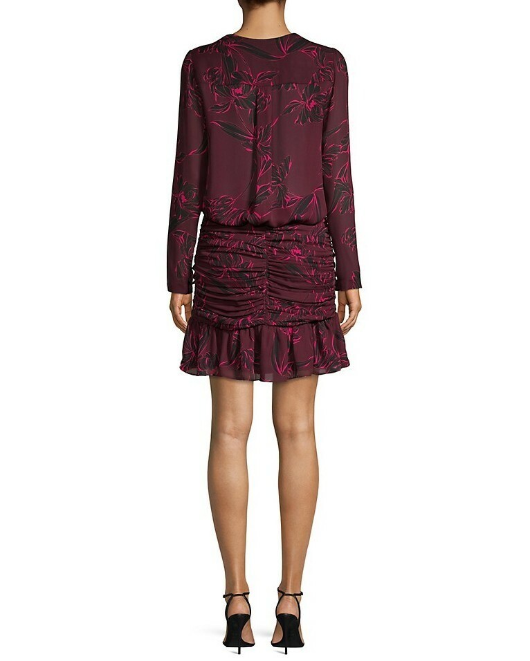 A.L.C. Floral Long sleeve V-Neck Ruched Silk Mini Dress, Size 0 ($595)