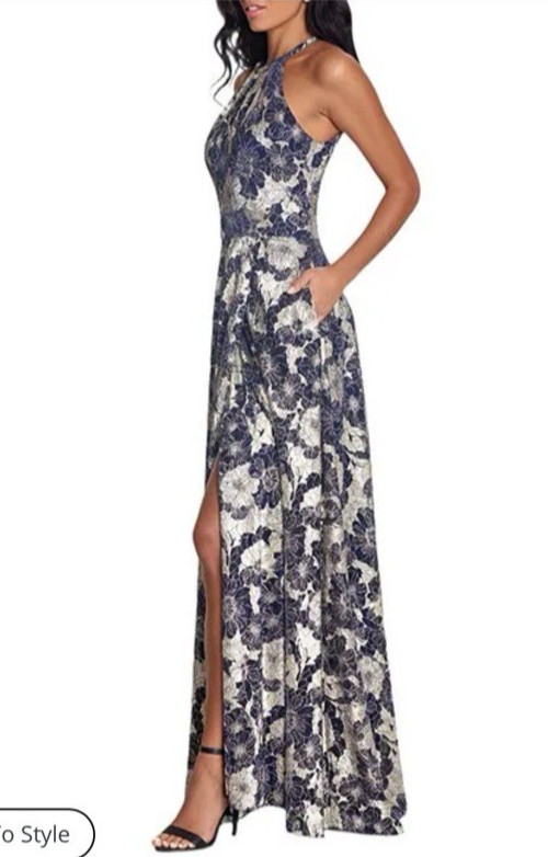 Betsy & Adam Evening Formal Dress 10 Blue Gold Long Wedding Party NEW $268