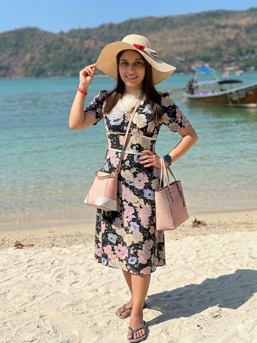 Women’s M Black Pink White Floral Georgette Midi Dress Lace V-Neck Short Sleeve
