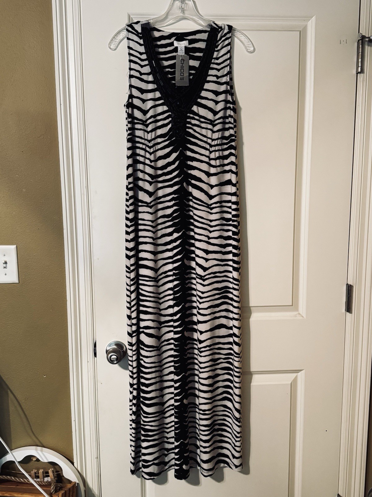 NWT chico’s black white zebra print sleeveless maxi dress braided accent size 0