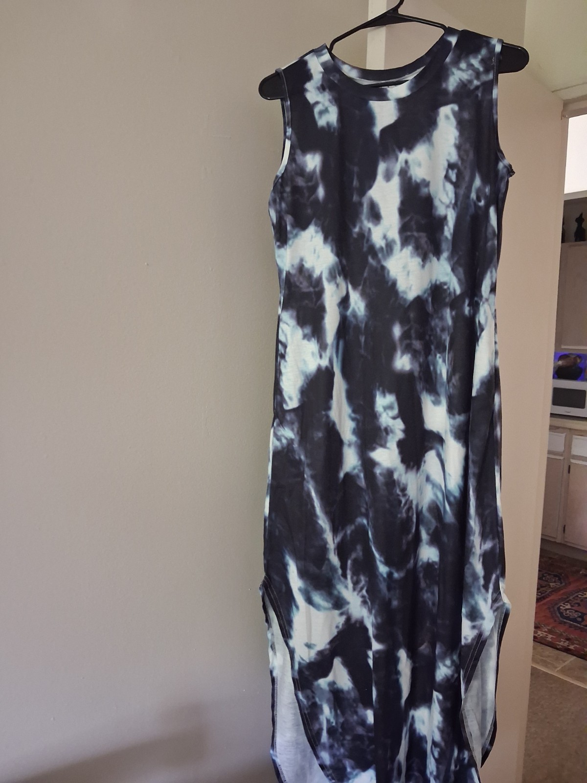 ANRABESS Women’s Sleeveless Maxi Dress Black & White Tie-Dye Round Neck M