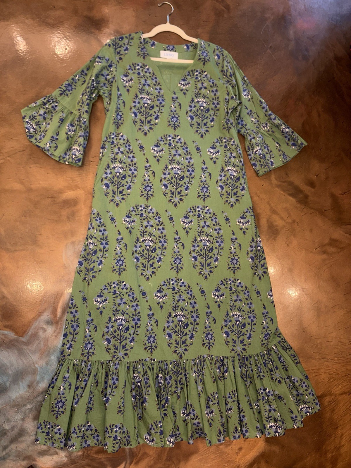 LIVRO Maxi Sundress Green Boho Floral Print Lined 3/4 Sleeve V Neck Women’s S