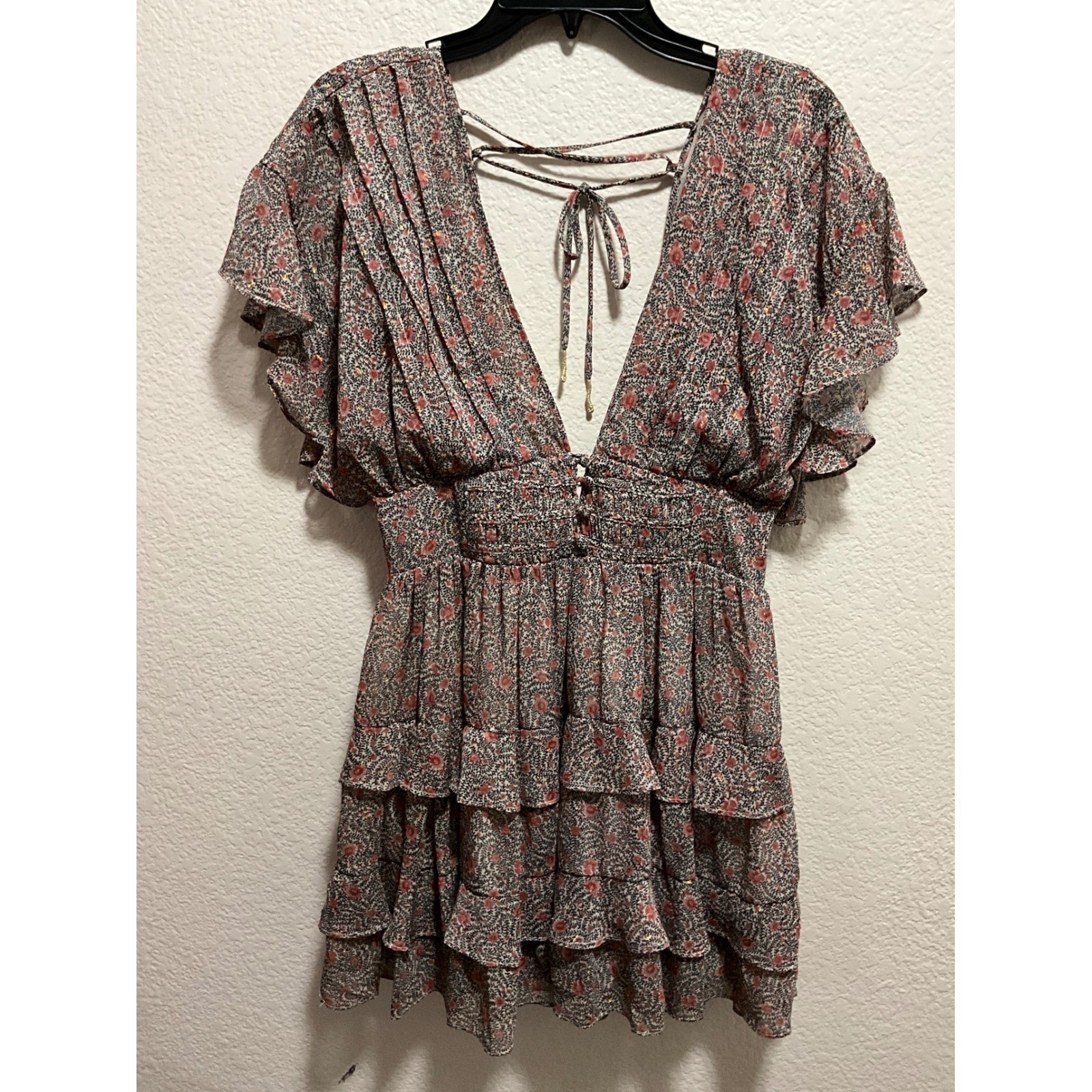 Tularosa Floral Print Ruffle Tiered Mini Dress size S Deep V Lace Up Back