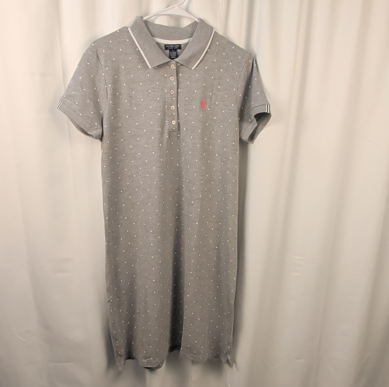 U.S. Polo Assn. Gray White Polka Dot Shirt Dress Collared Short Sleeve L
