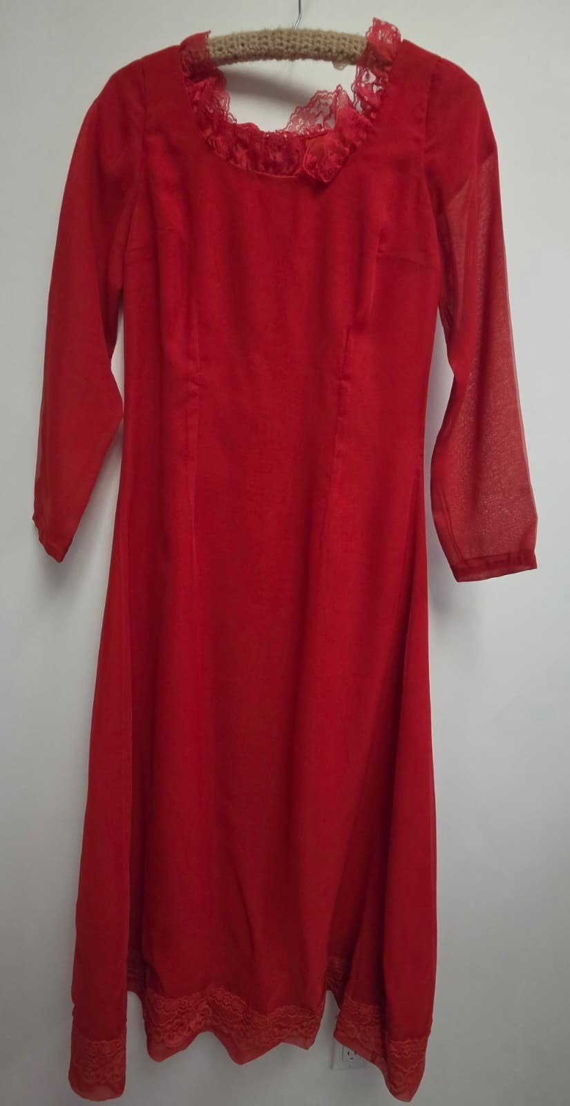 Vintage 1970s Crimson Red Chiffon Maxi Dress Lace Scoop Neck Sheer Sleeve M