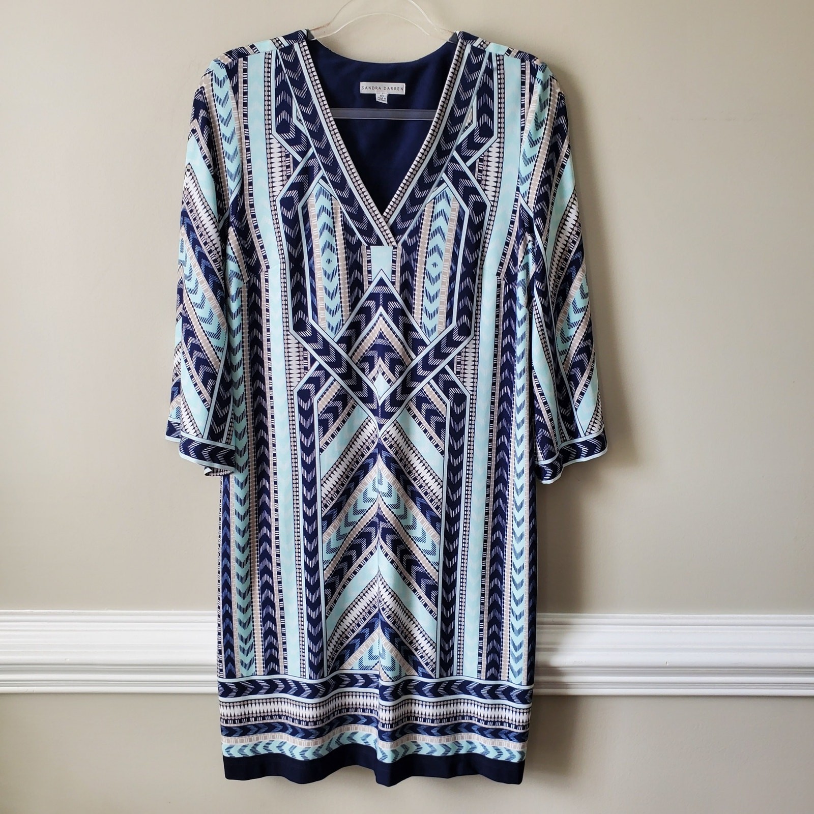 Blue White Scarf Print Jersey Shift Dress 10 Career Classic Church Holiday