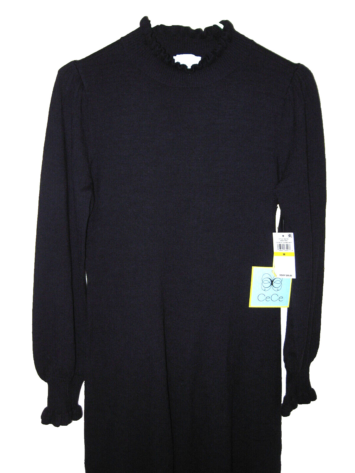 NEW CeCe RUFFLED NECK CUFFS KNIT SWEATER DRESS SZ M NAVY BLUE NWT $99