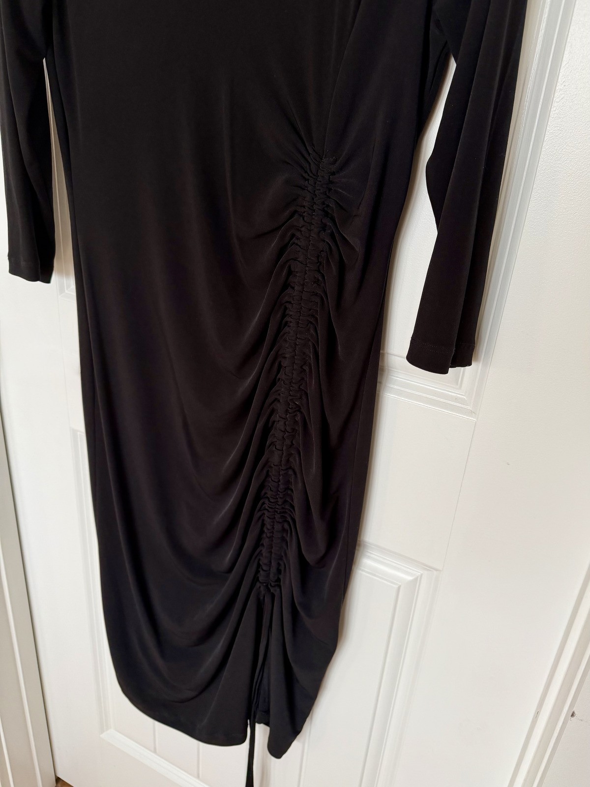 New York & Company Black Stretch Midi Dress with Ruched Detail – Size M