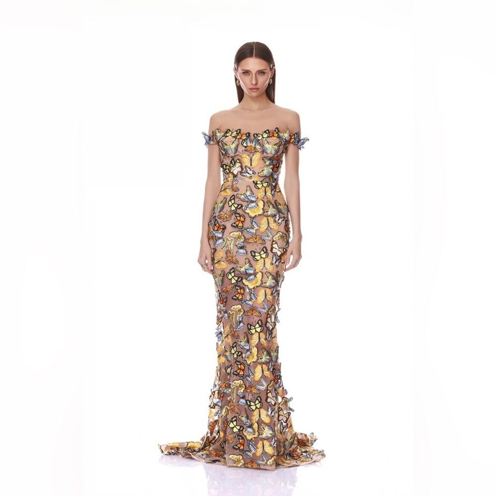 NWOT BRONX AND BANCO Bella 3D Butterfly Jasmine Off the Shoulder Gown, XS