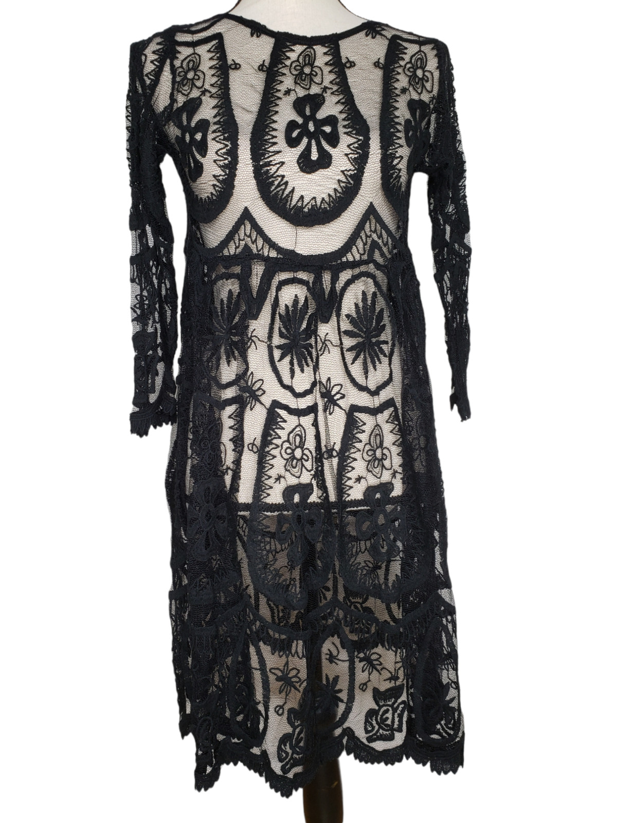 Jen’s Pirate Booty Free People Dress Small Sheer Black Lace Scallop Hem 3/4