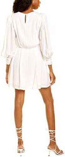 REBECCA TAYLOR Snow White Long Puff Sleeve Sheer Opaque Shadow Stripe Dress 2 XS