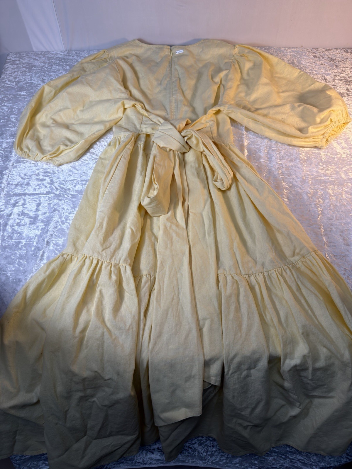 Barbour Yellow Linen Midi Dress Puff Sleeve Tie Back Womens 10 NWT