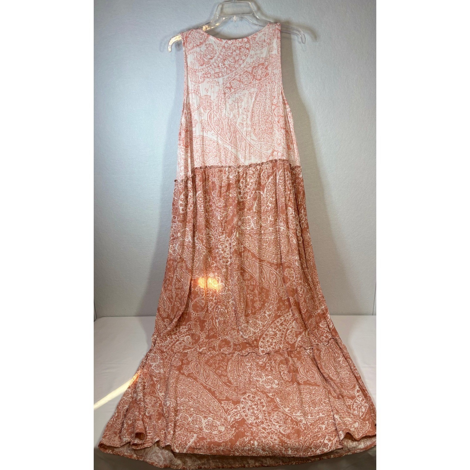 Wonderly Womens Coral White Paisley Sleeveless Tassel Tie Tiered Maxi Dress L