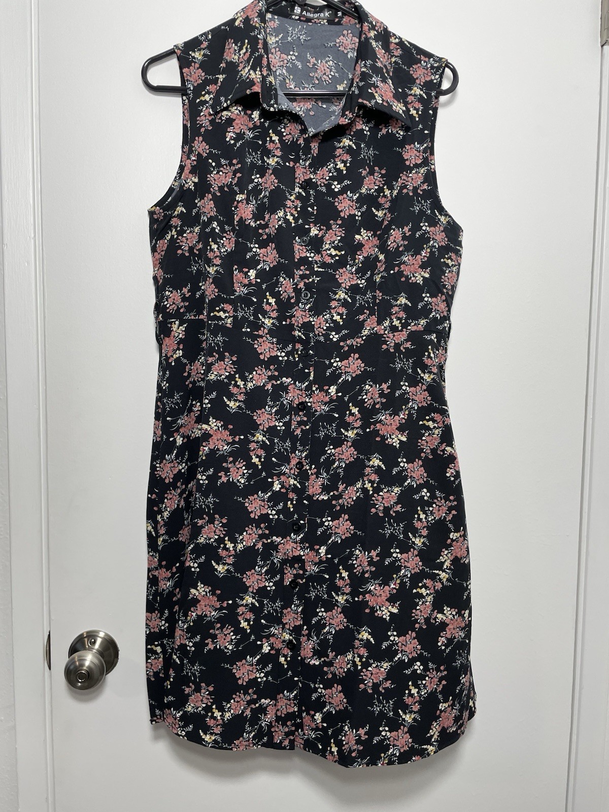 Allegra K Black Pink Floral Collared Button Front Stretch Shirt Dress S