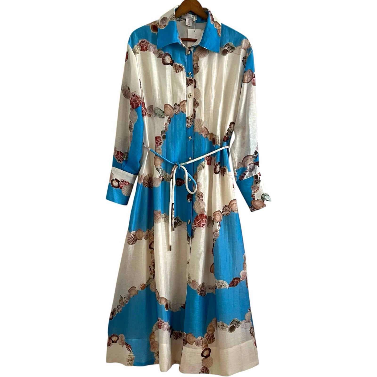 Caroline Constas Seashell Maxi Dress M Coastal Resort Shirtdress Euro Summer NWT