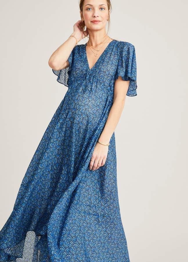 Hatch Maternity Women’s THE MARGARETTE DRESS Semi Sheer Maxi Twilight Blue $328