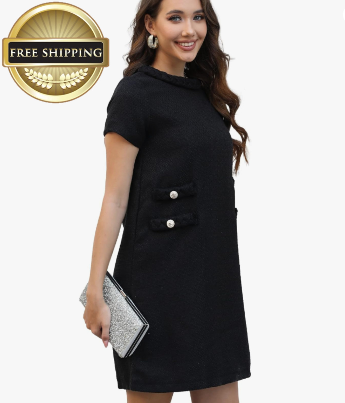Womens Elegant Tweed Dress Short Sleeve Crew Neck A-line Bodycon Mini Skirt XL
