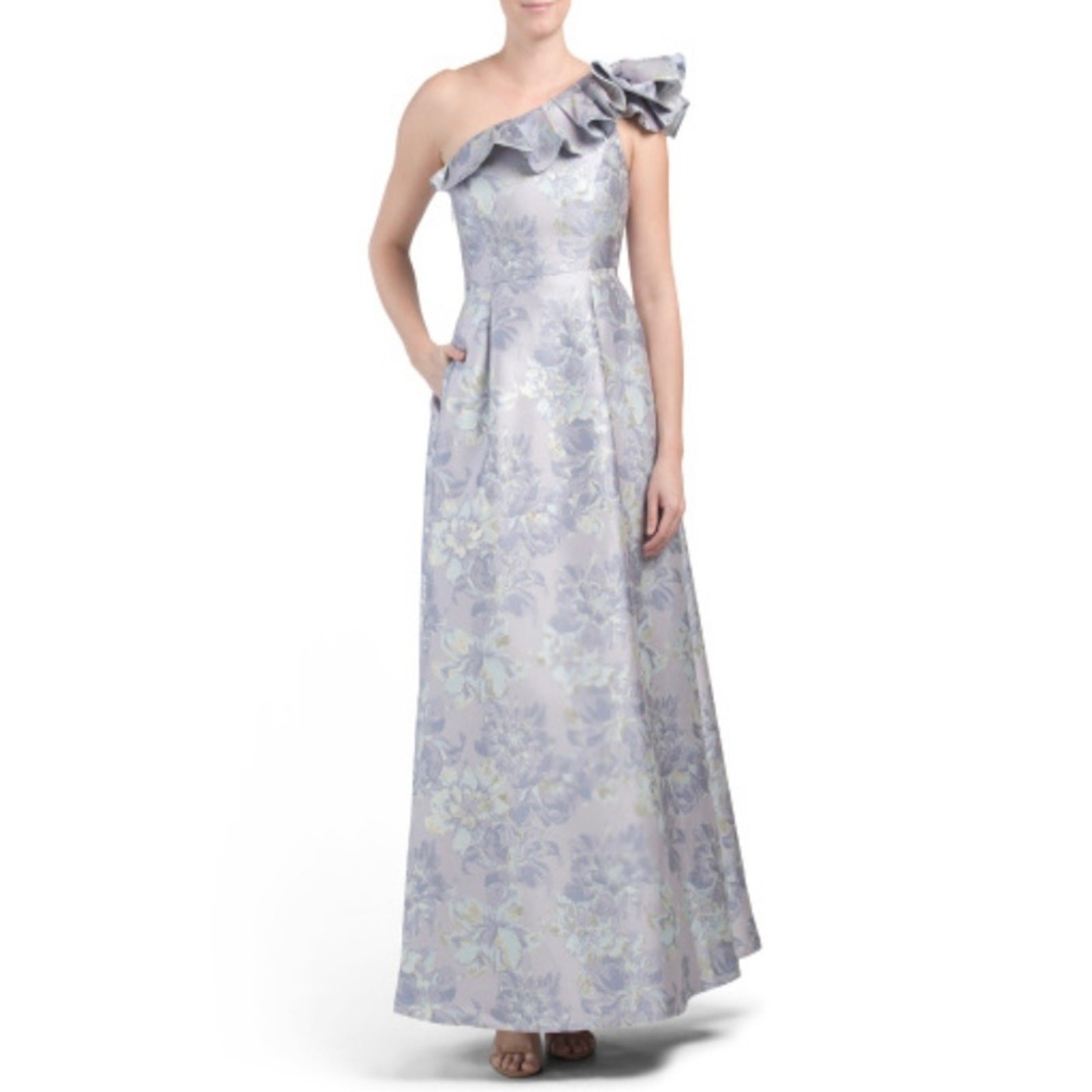 NWT $229 Marina Women’s One Shoulder Floral Jacquard Metallic Maxi Gown, Sz 8