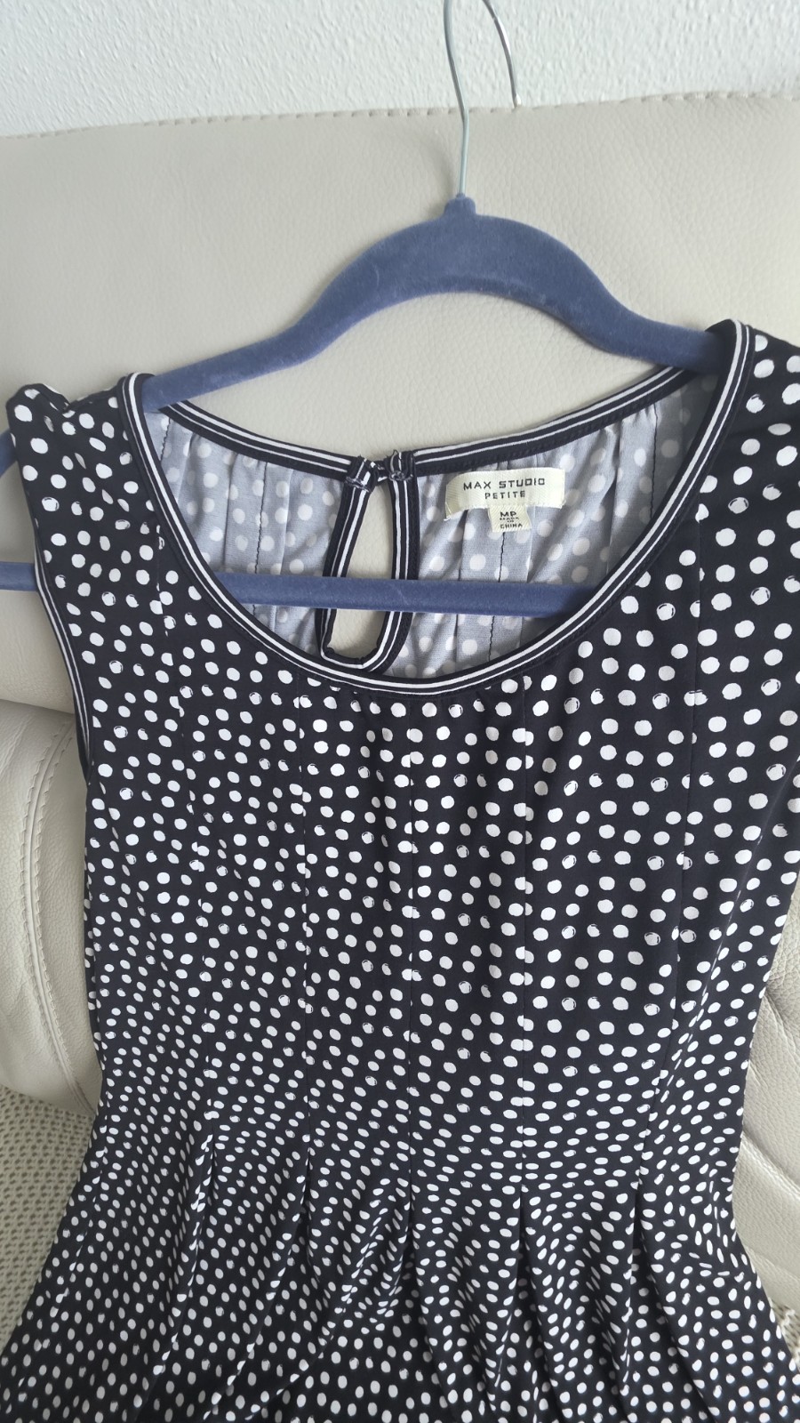 Max Studio Petite sleeveless stretch polka dot A-line dress MP with stripe trim