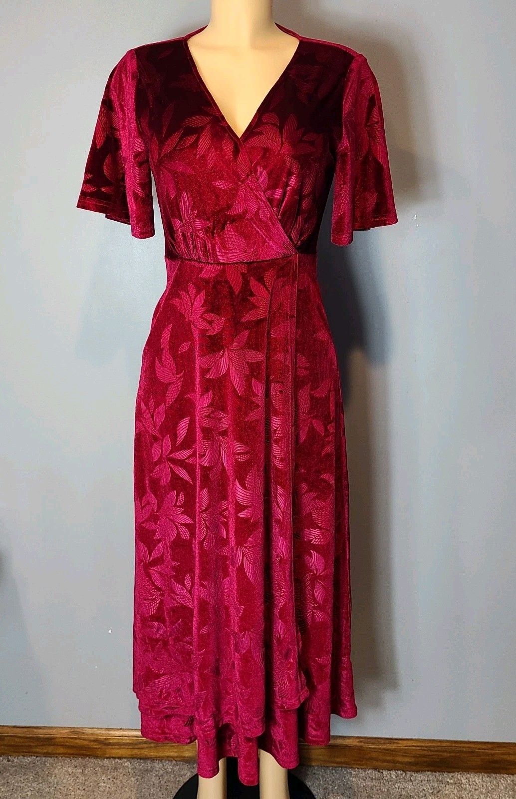 Velvet Midi Faux Wrap Dress Sz Small Jewel Tone Burgund Regency Brocade Floral