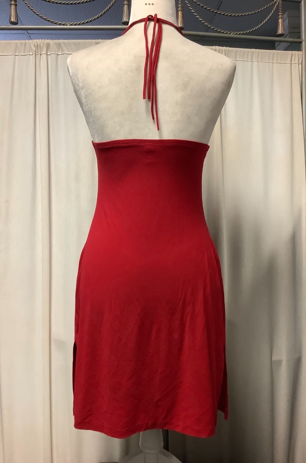 Unyx polyester side slits buckle high waist double spaghetti strap halter dress