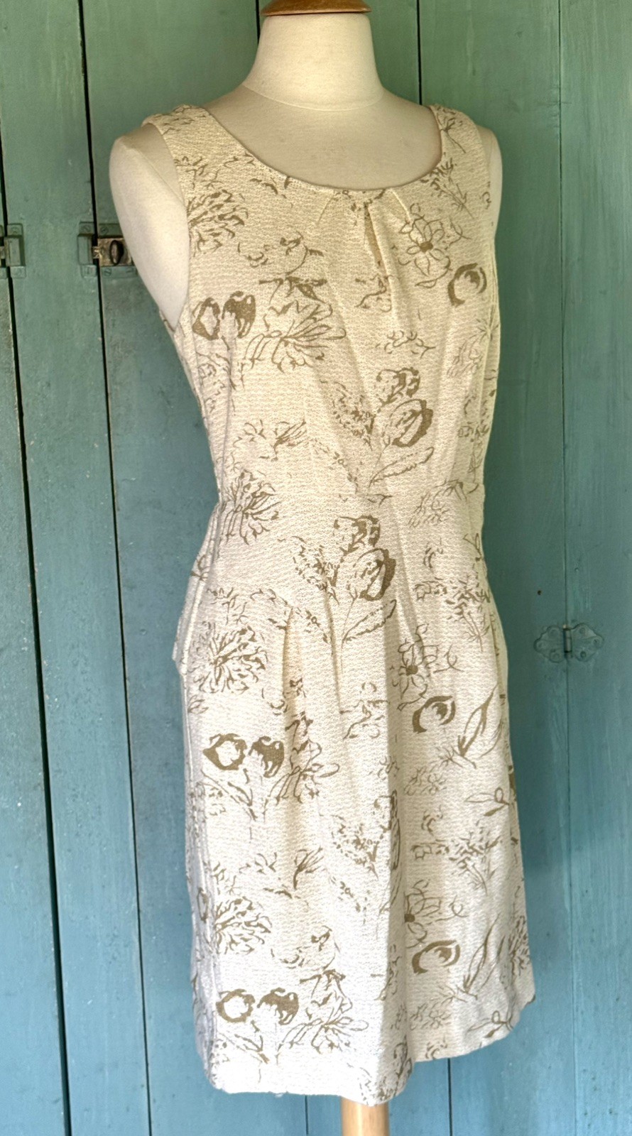 Moulinette Soeurs Sheath Dress Brocade Jacquard Cream Gold Peplum Open Back 6