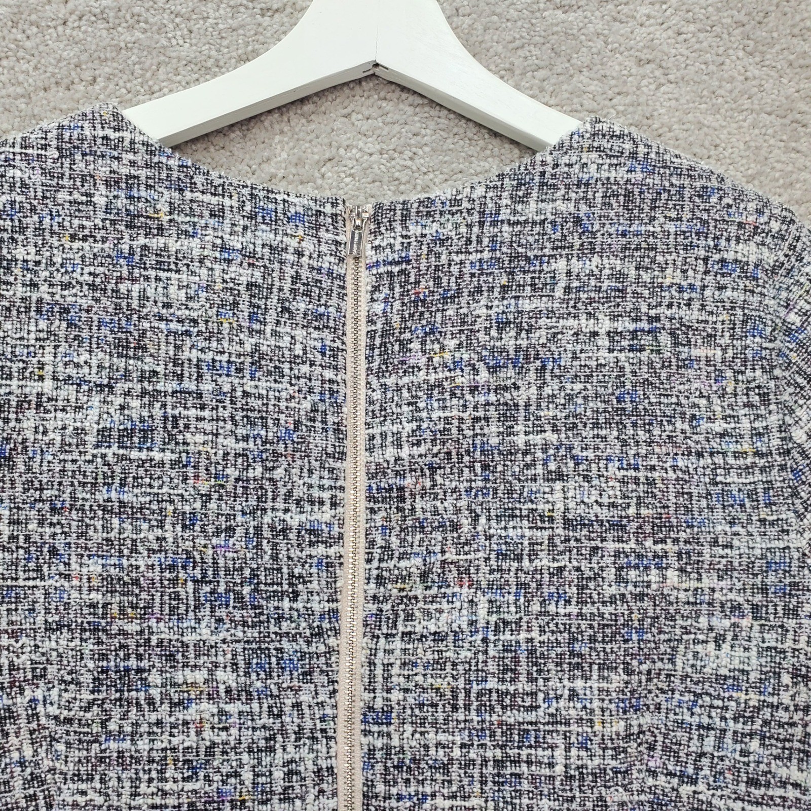 Calvin Klein Shift Dress Women 14 Multicolor Tweed Stretch Short Sleeve Back Zip