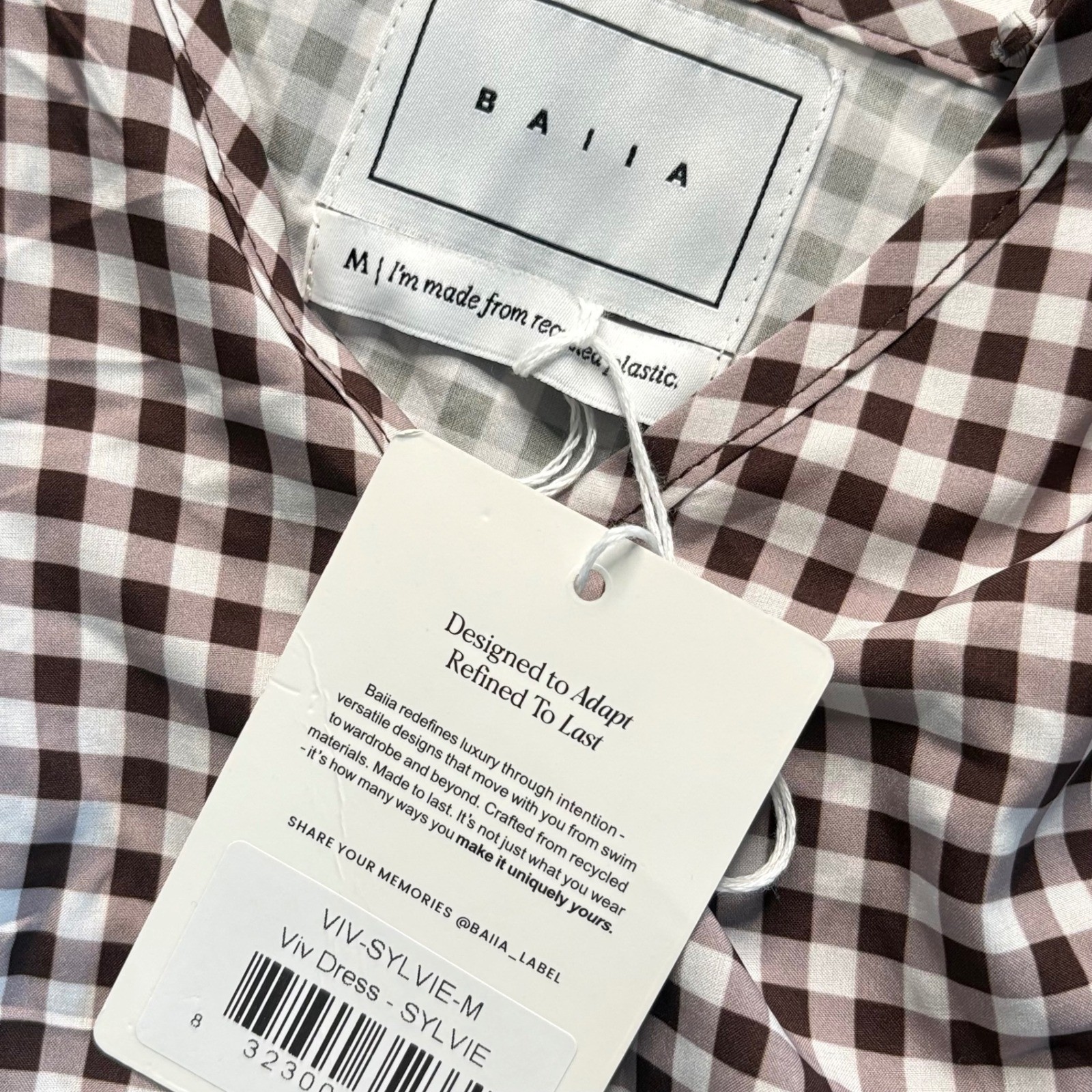 NWT BAIIA Viv Multi-Way Tier Mini Babydoll Dress Convertible Brown Gingham Sz: M