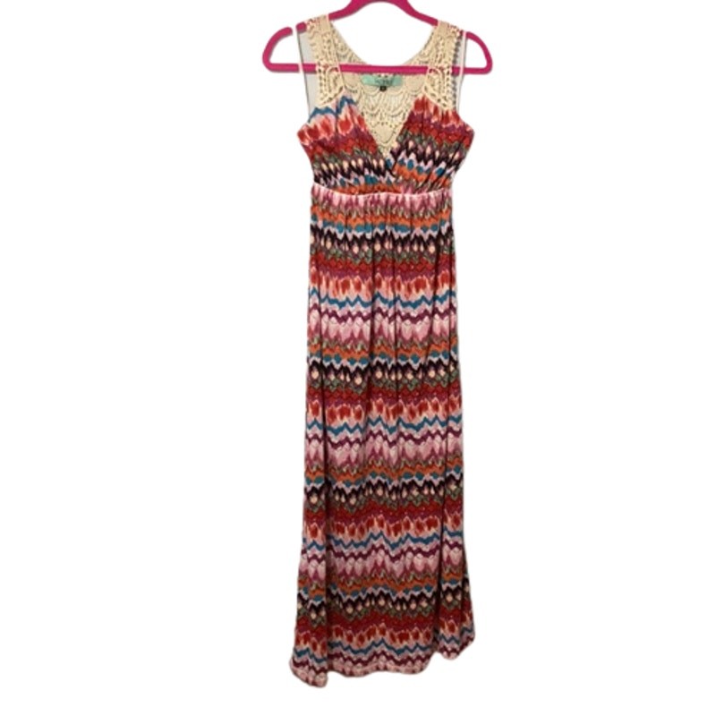 Karlie Red Maxi Dress Medium Multicolor Crochet Open Back Boho Festival Chevron