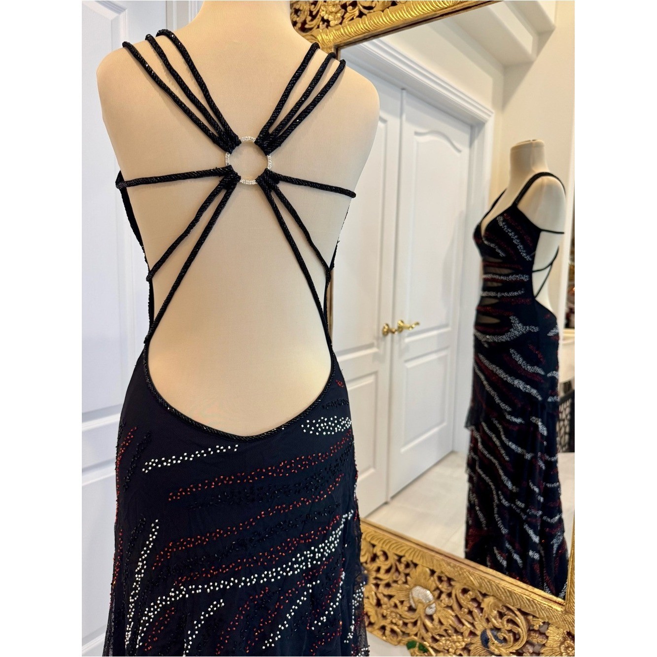 Black intricately hand beaded Sequin Mesh Maxi Dress with Double Straps stretch