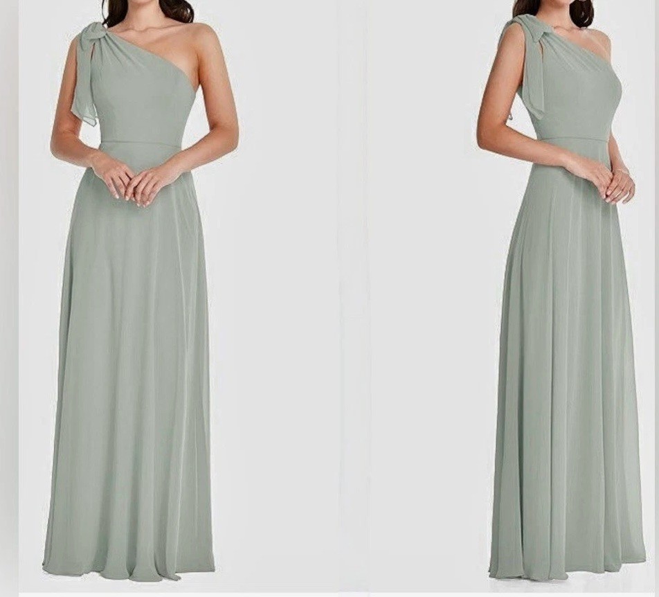 After Six by Dessy Draped 1-Shoulder Maxi Dress w/Scarf Bow, Willow Green Size 2