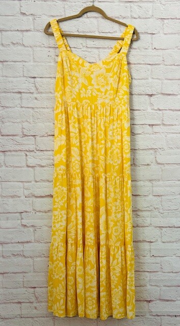 1X/2X/3X/4X/5X New Yellow White Floral Print Smocked Sundress Tiered Maxi Dress