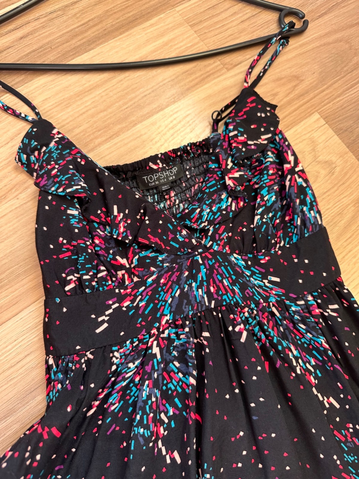 TOPSHOP Multi-Color Abstract Firework Print Smocked Mini Dress, Size UK 8 / EU 3