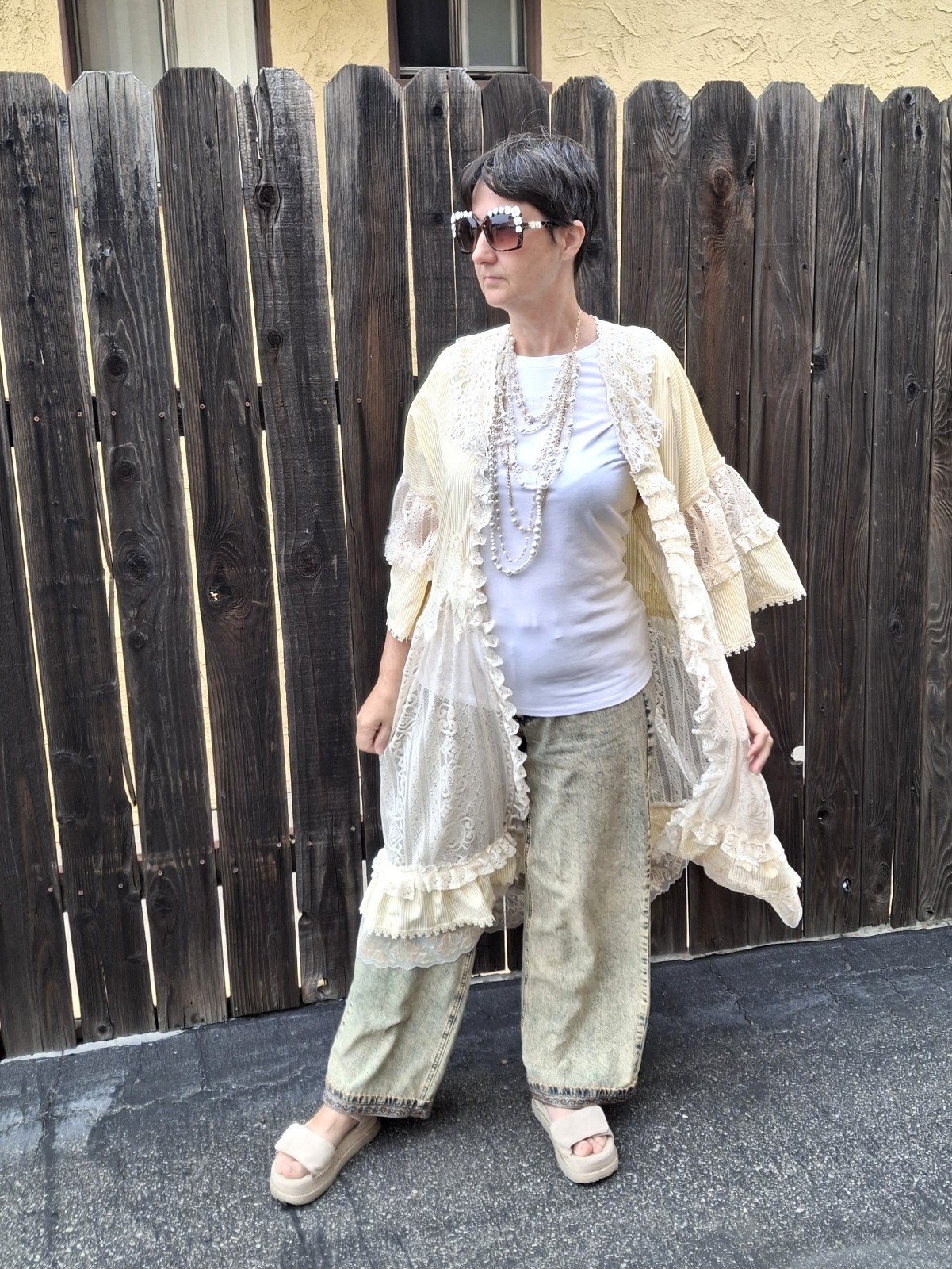 Bohemian yellow lace duster made from recycled materials, size M-L