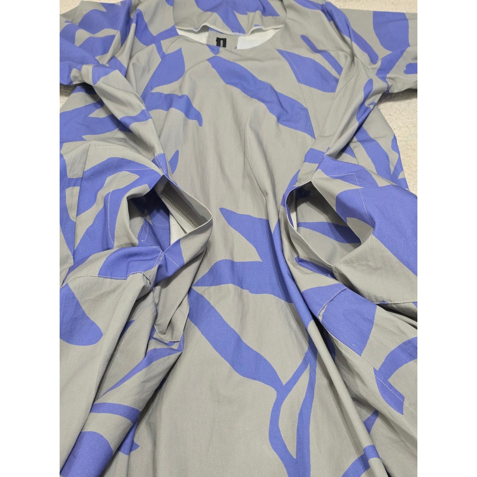 Gershon Bram Grey Blue Abstract Leaf Print Cotton Lagenlook Shift Dress Size M