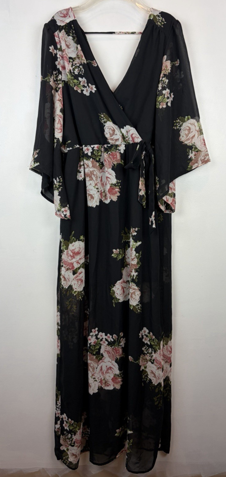 Romantic Maxi Dress Womens Medium Black Floral V Neck Wrap Style Evening Sheer