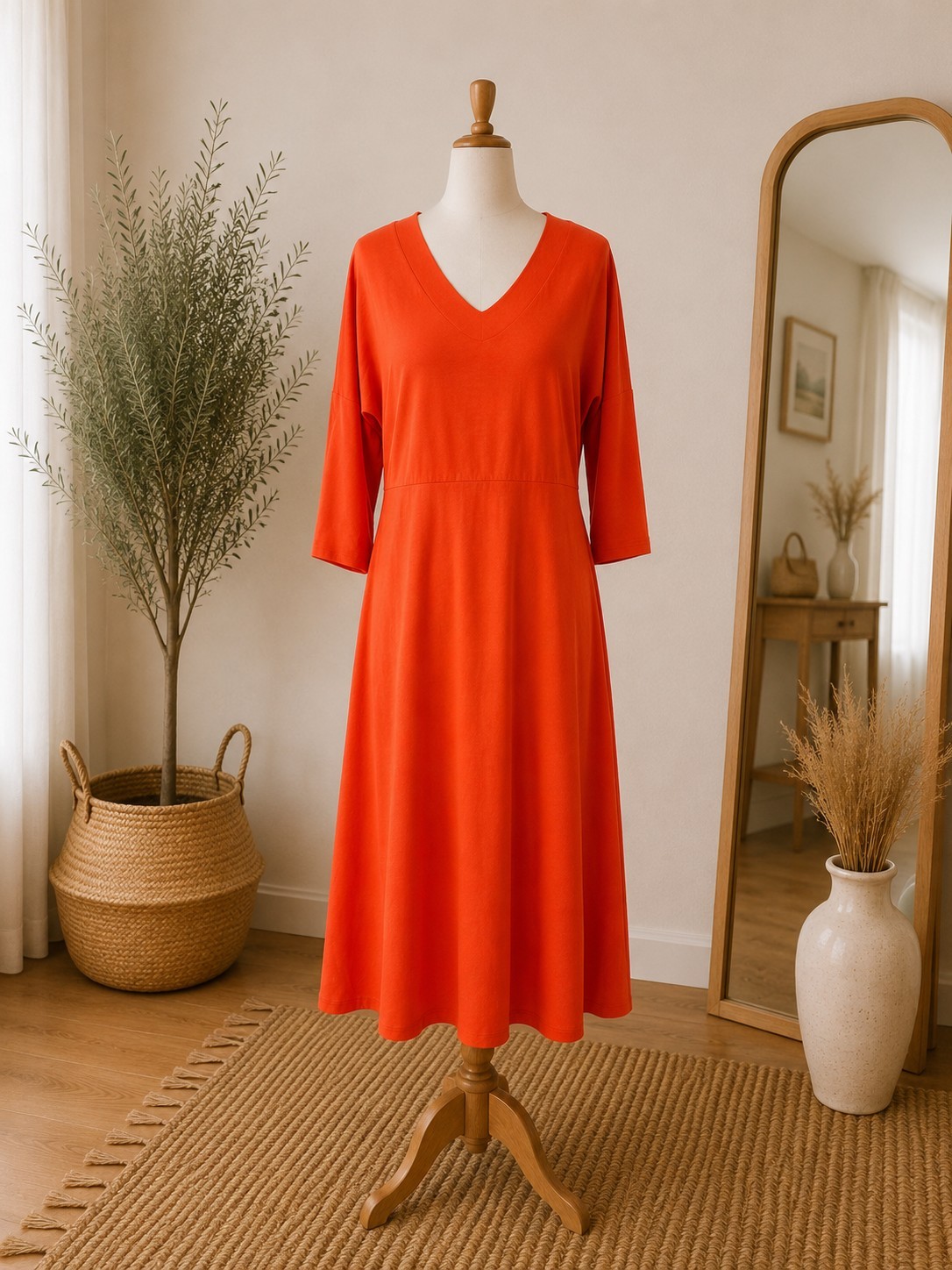 Masai Copenhagen Dress UK 10 12 Orange Midi V Neck Stretch Loose Fit S