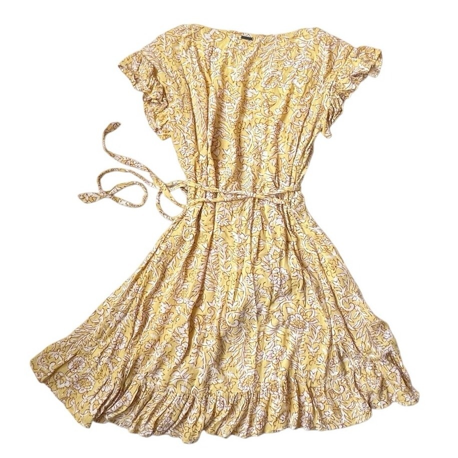 Billabong Wrap & Roll Floral Garden Yellow Ruffle Wrap Tie Boho Mini Dress Small