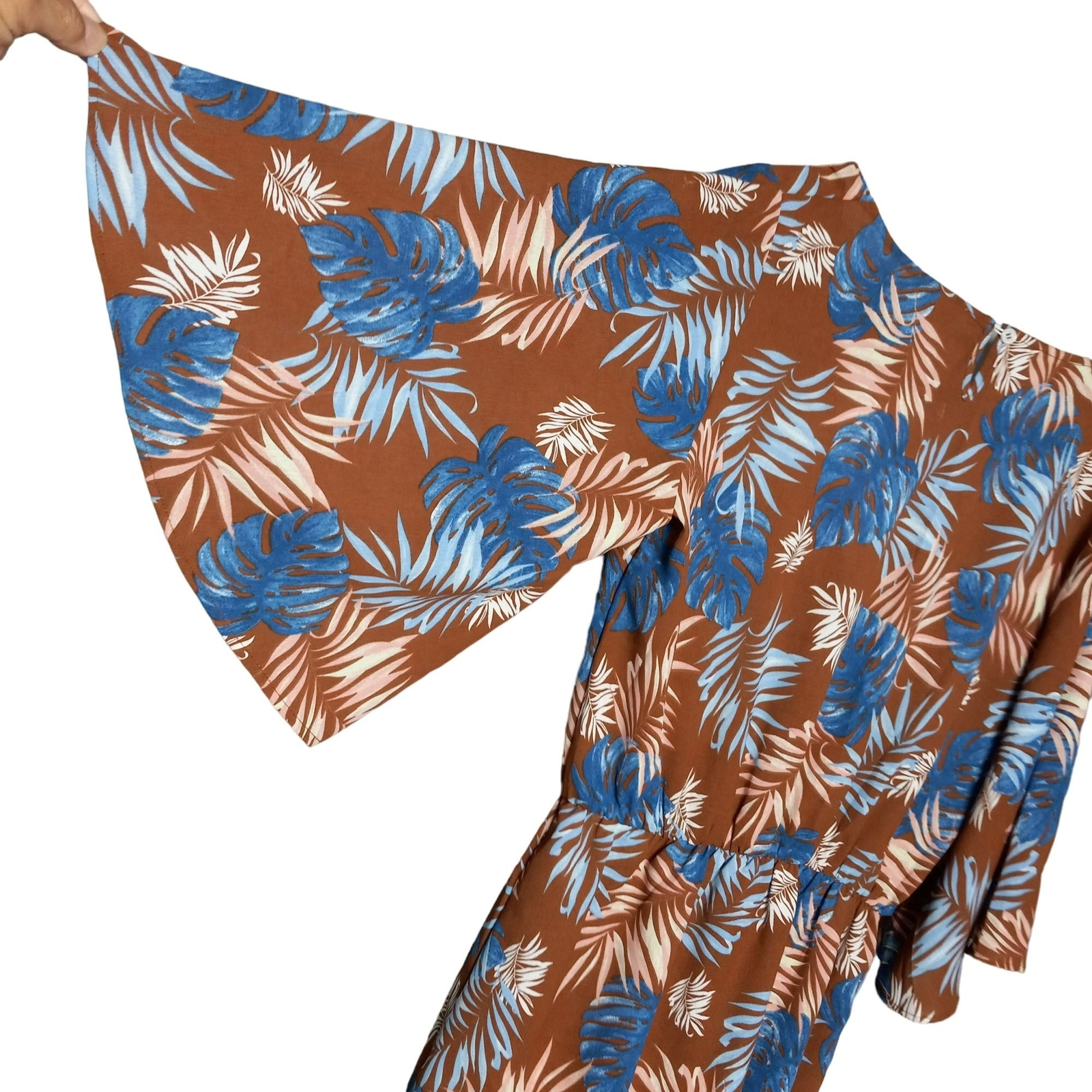 BluHeaven Mini Maxi Dress Women Small Tropical Beachy Boho V Neck Brown Blue NWT
