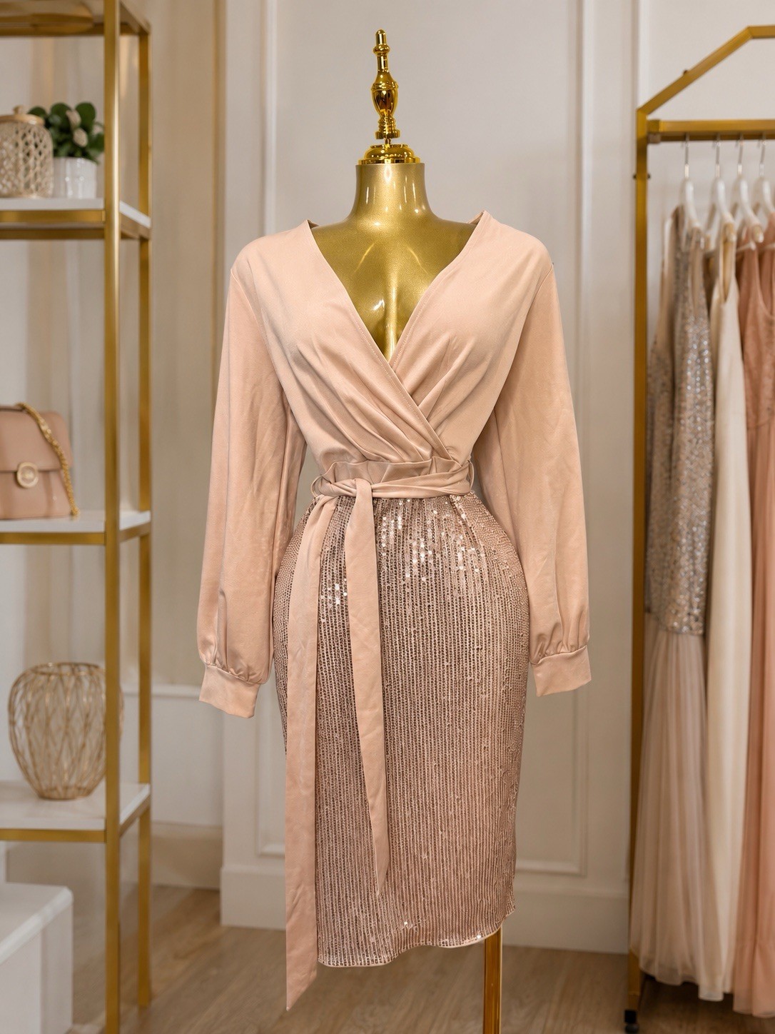 Grace Karin Blush Gold Sequin Wrap Dress V-Neck Balloon Long Sleeve M