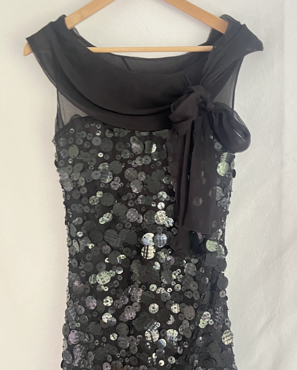 90s Moschino Black Silk Paillette Sequin Cocktail Sheath Bow Evening Dress Italy