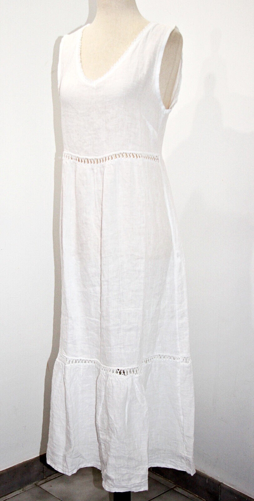 Valentina Naldi 100% Linen Crochet Trim Tiered Summer Dress sz M Made in Italy