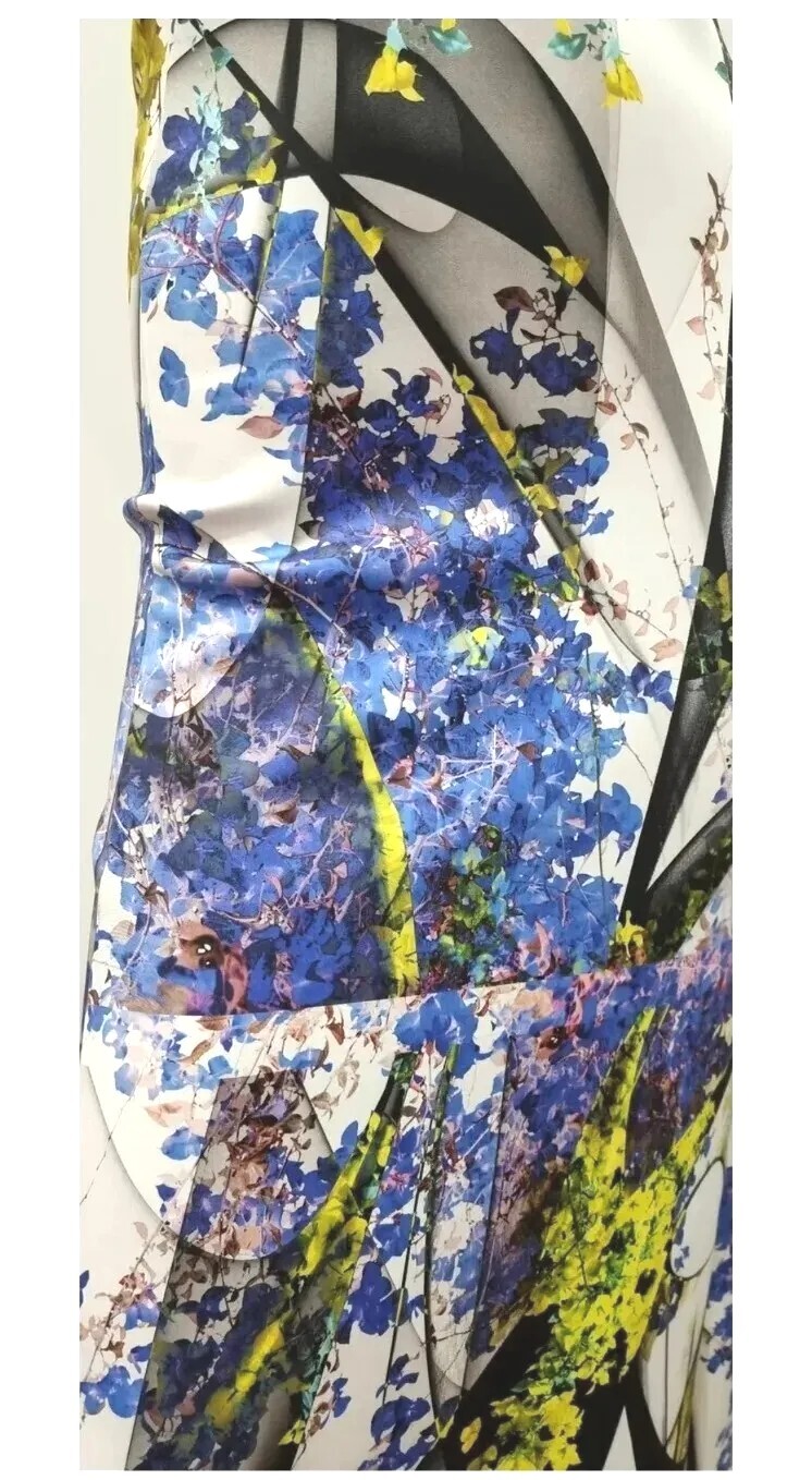 CLOVER CANYON Neoprene Scuba White Black Blue Lime Geo Print A-Line Maxi Dress M
