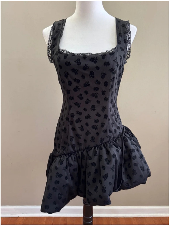 Free People For Love & Lemons Claira Asymmetric Black Mini Dress Top Size M NEW