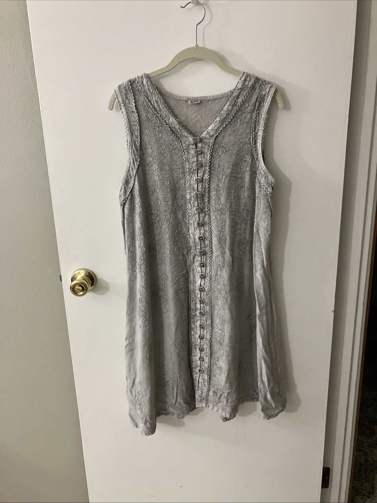 Women’s Button Embroidered V Neck Dress Gray Sleeveless One Size O/S