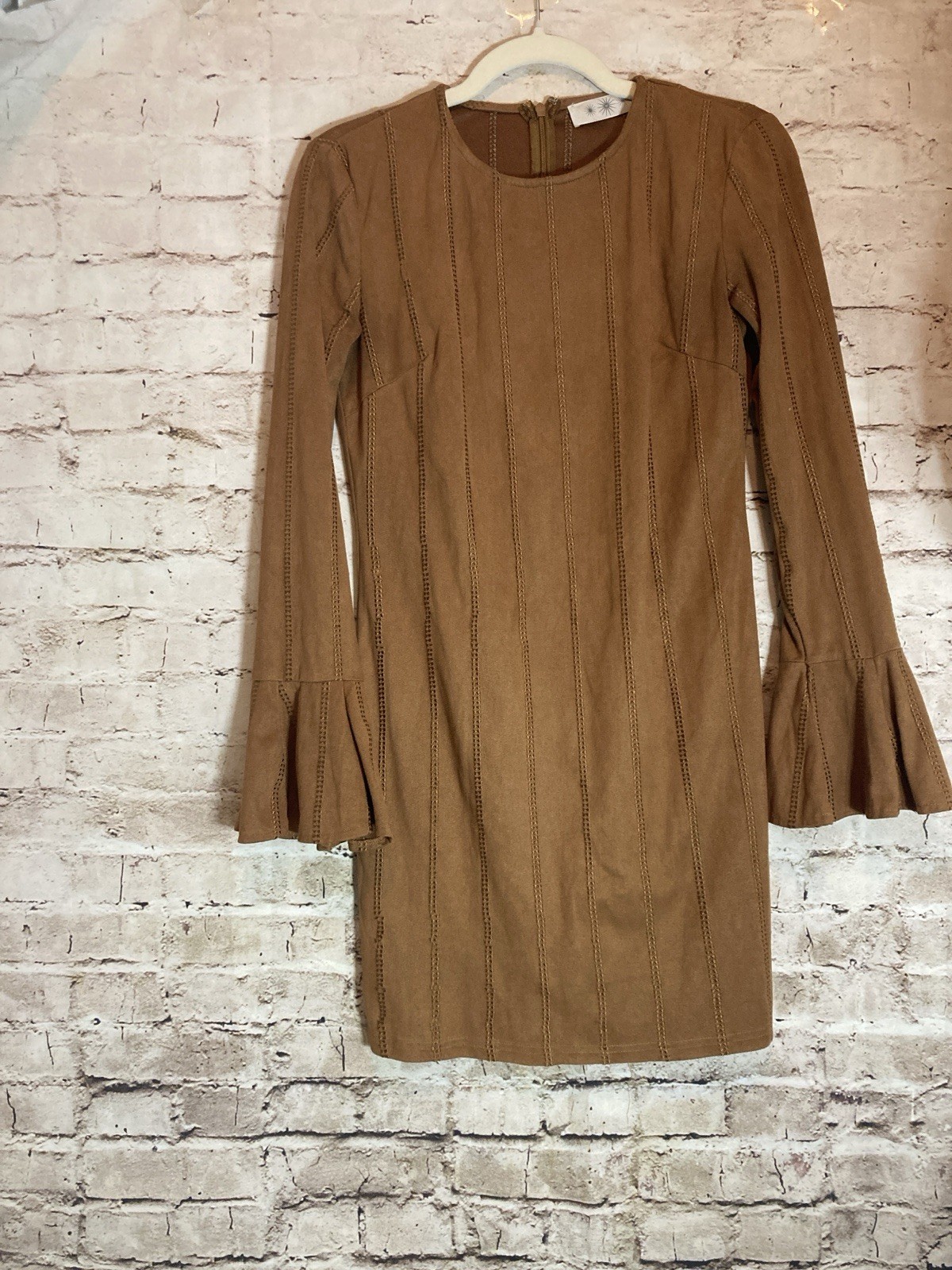 Faux Suede Boho Dress Small In Camel Brown Bell Sleeves Festival Embroidery