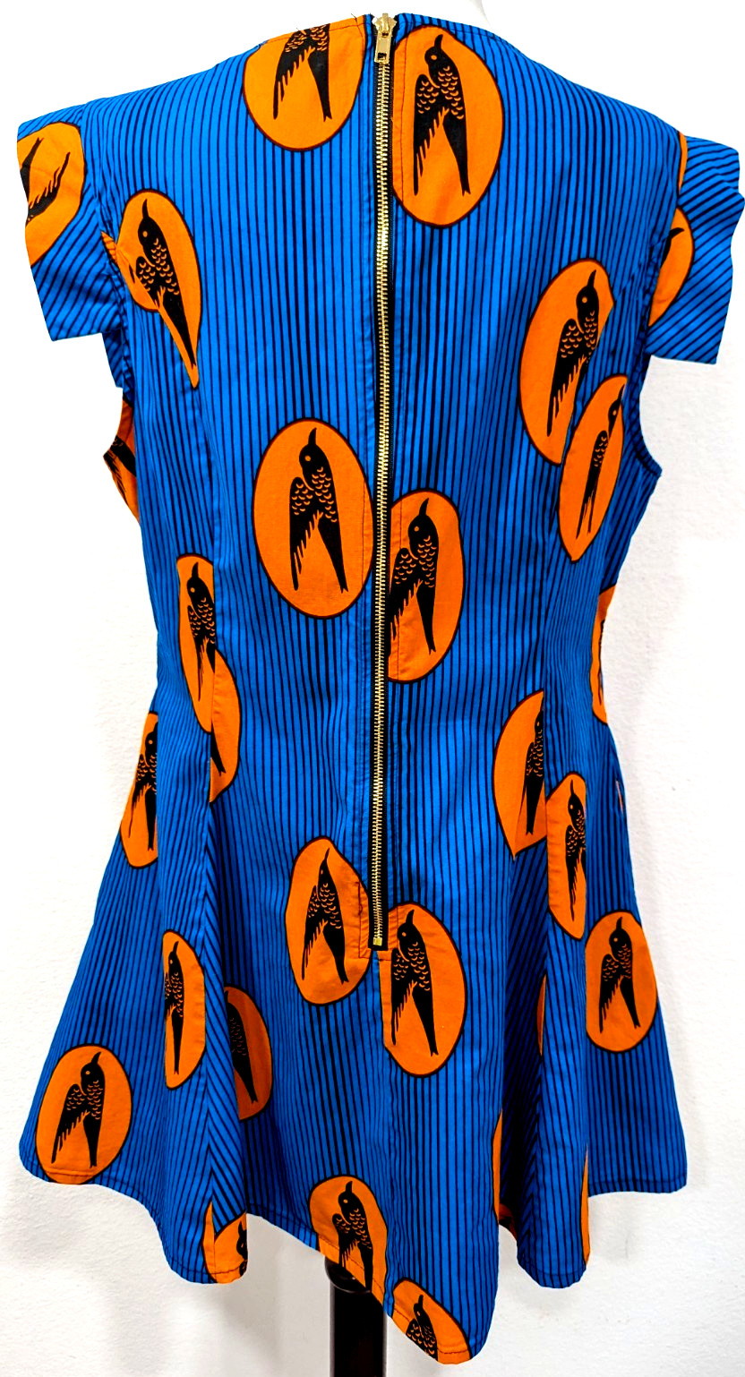 MAE OTTI Authentic African Print Mini Dress BIRDS Blue Black Stripe Size XL EUC*