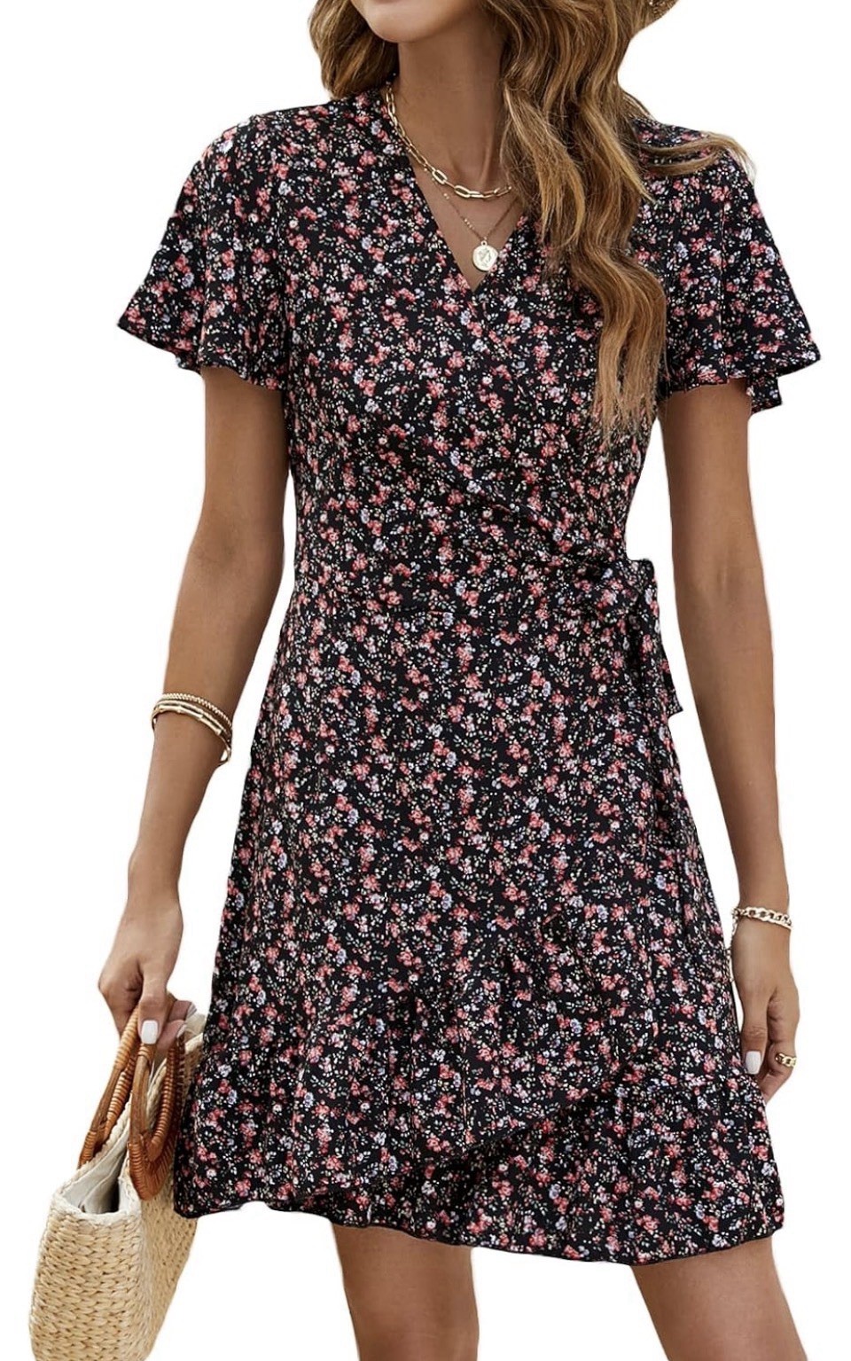 Size M Black Floral Boho Wrap Dress. Black And Red Flowers.