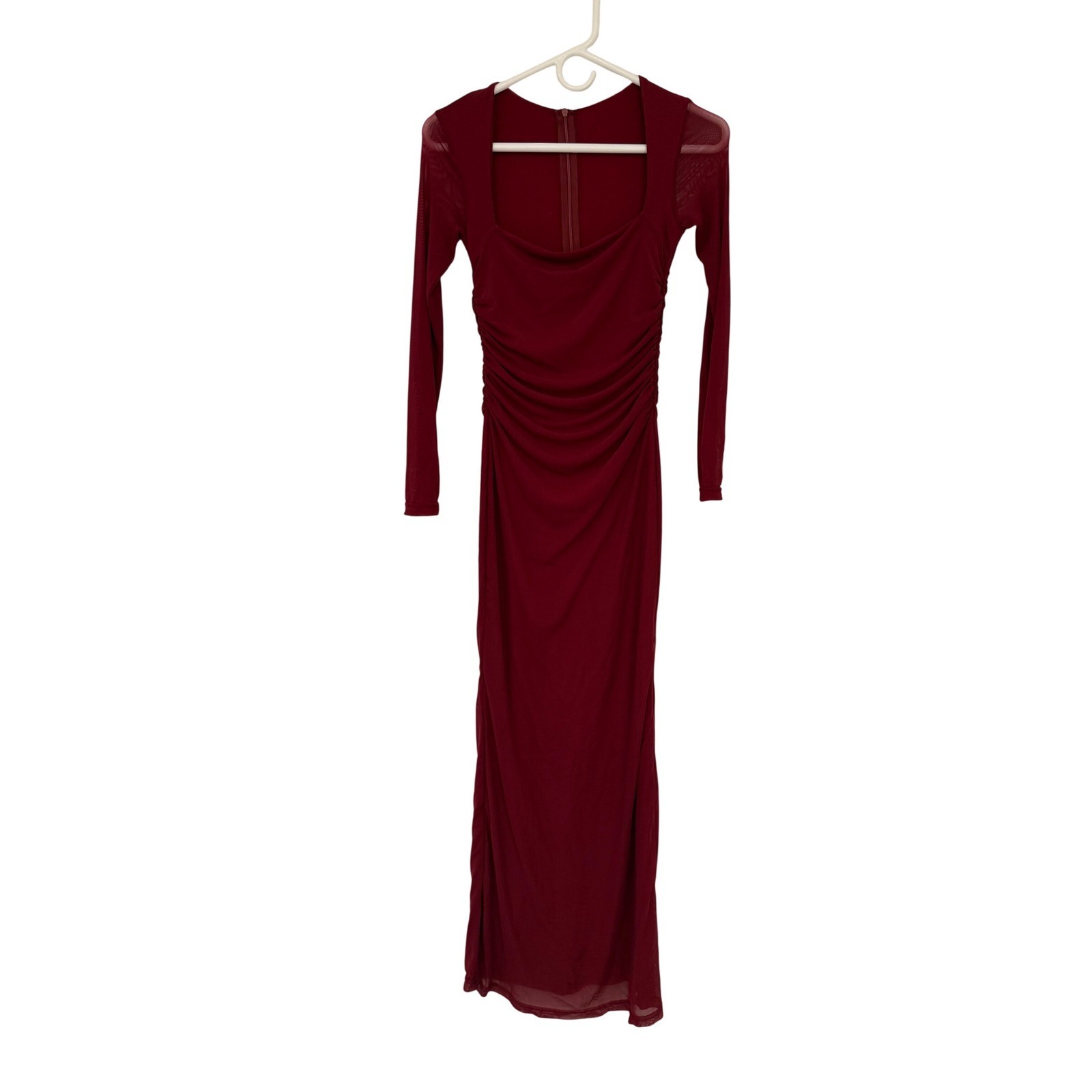 BORIFLORS Burgundy Mesh Ruched Long Sleeve Square Neck Maxi Dress Wine Red Gown
